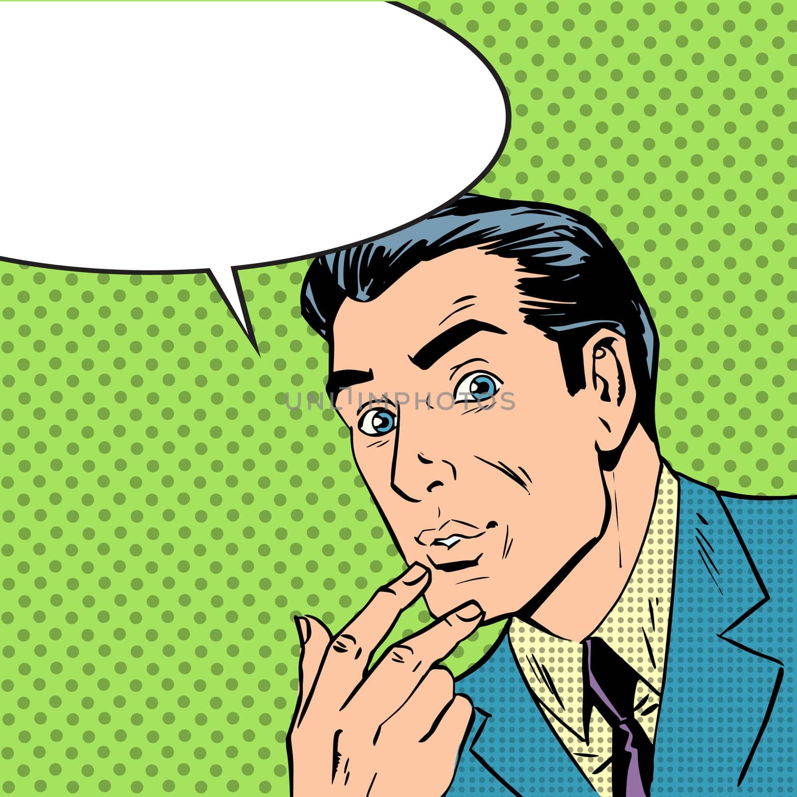 The man thought about thinking pop art comics retro style Halftone. Imitation of old illustrations. the theme of doubt, interest and passion. with bubble for text