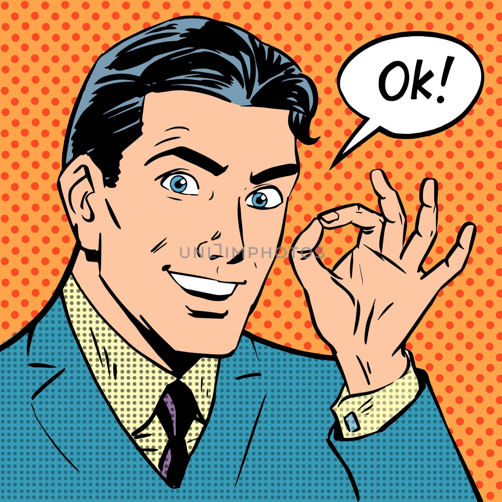 The businessman says okay success pop art comics retro style Halftone. Imitation of old illustrations