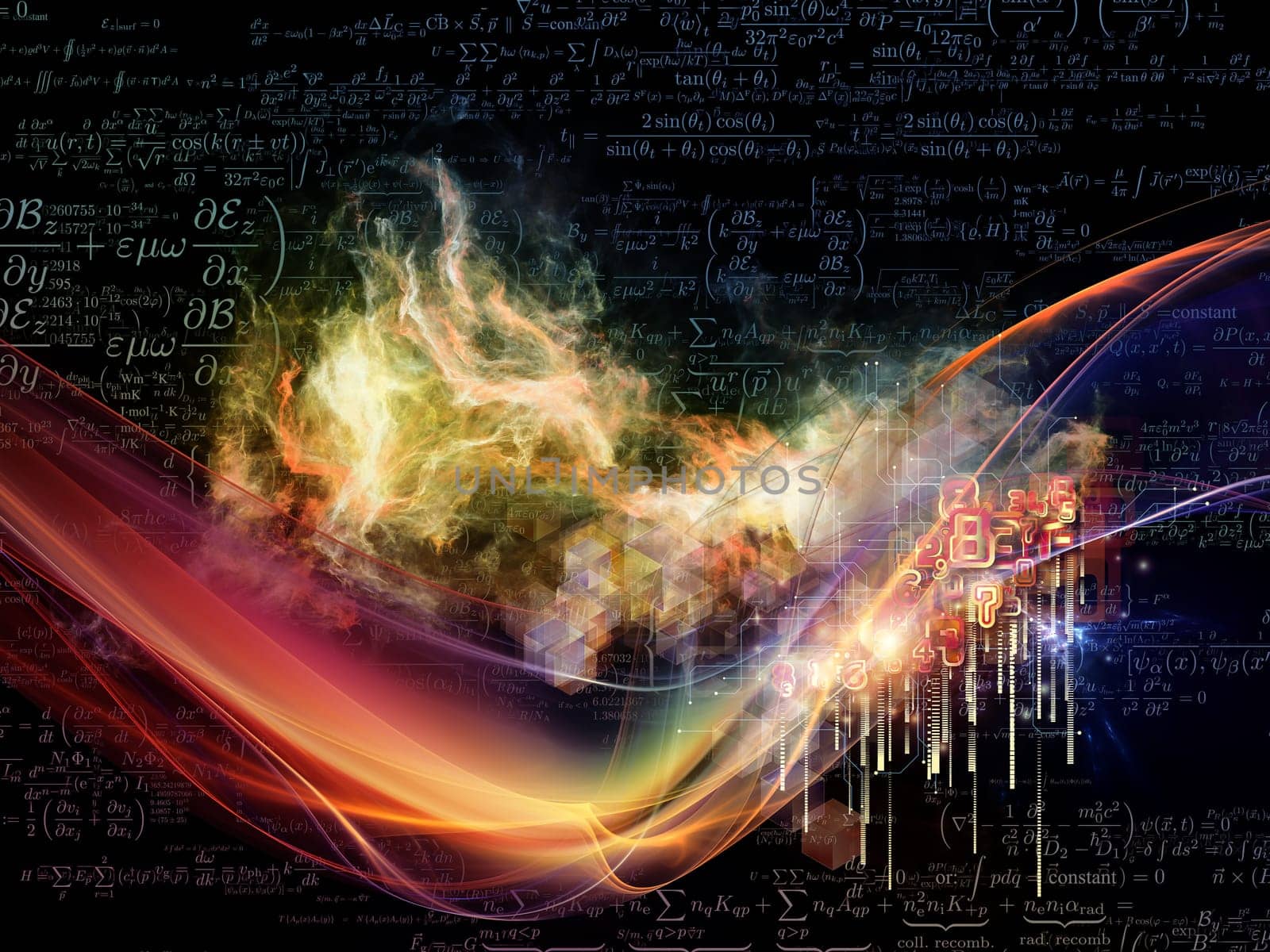 Waves of Technology series. Artistic abstraction composed of lights, fractal and technological elements on the subject of science, philosophy, metaphysics and modern technology