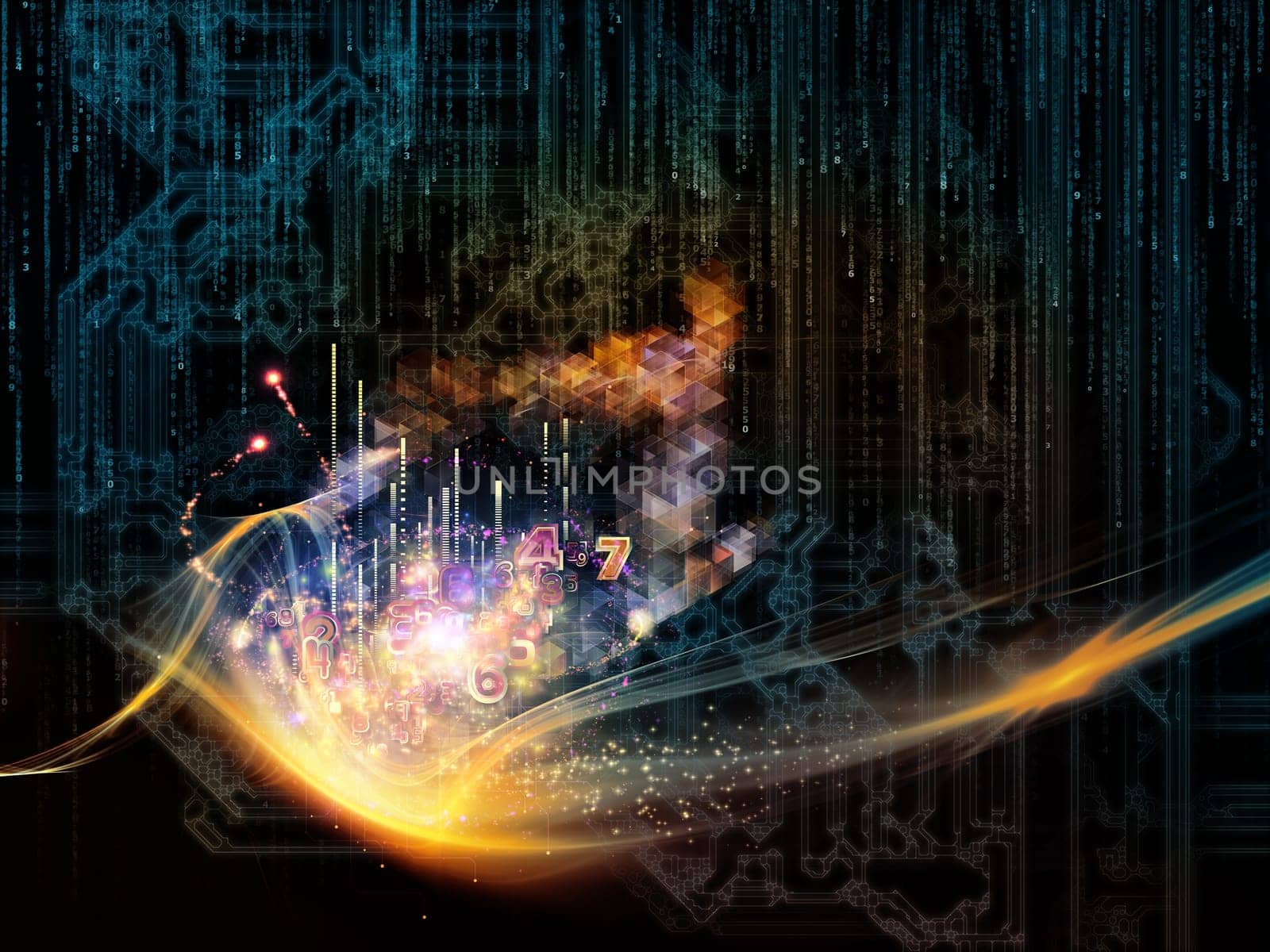 Waves of Technology series. Composition of lights, fractal and technological elements on the subject of science, philosophy, metaphysics and modern technology