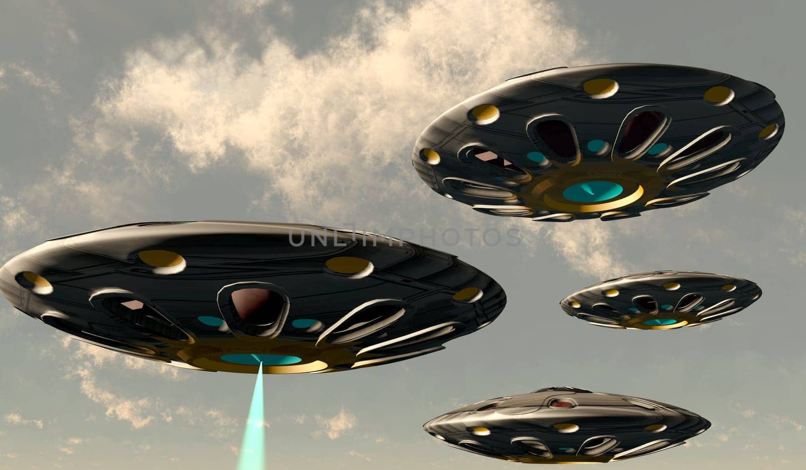 A plasma beam shoots down through the clouds from one of a convoy of flying saucers.