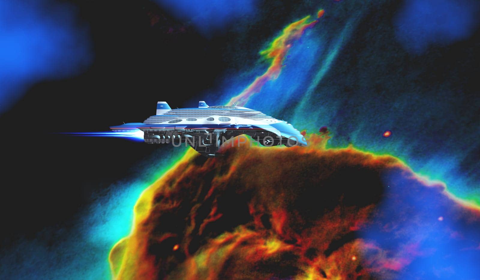 The Carina nebula which is many light-years from Earth is visited by a starcraft space vehicle.