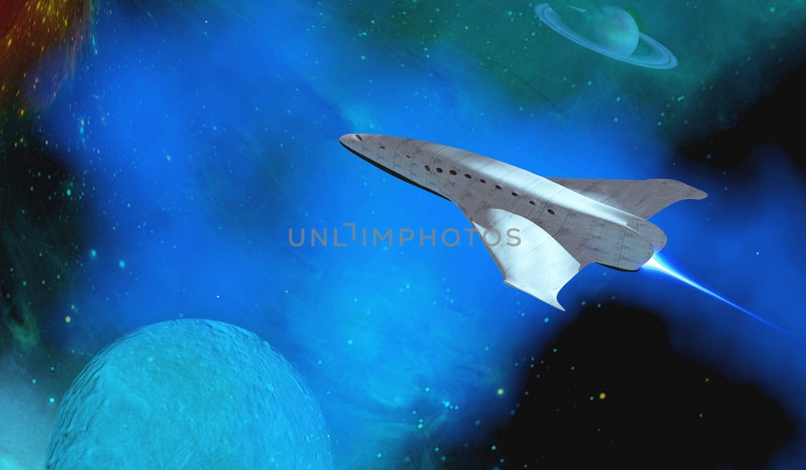 A spaceship voyages to the Outer Solar System between Saturn and one of its moons.