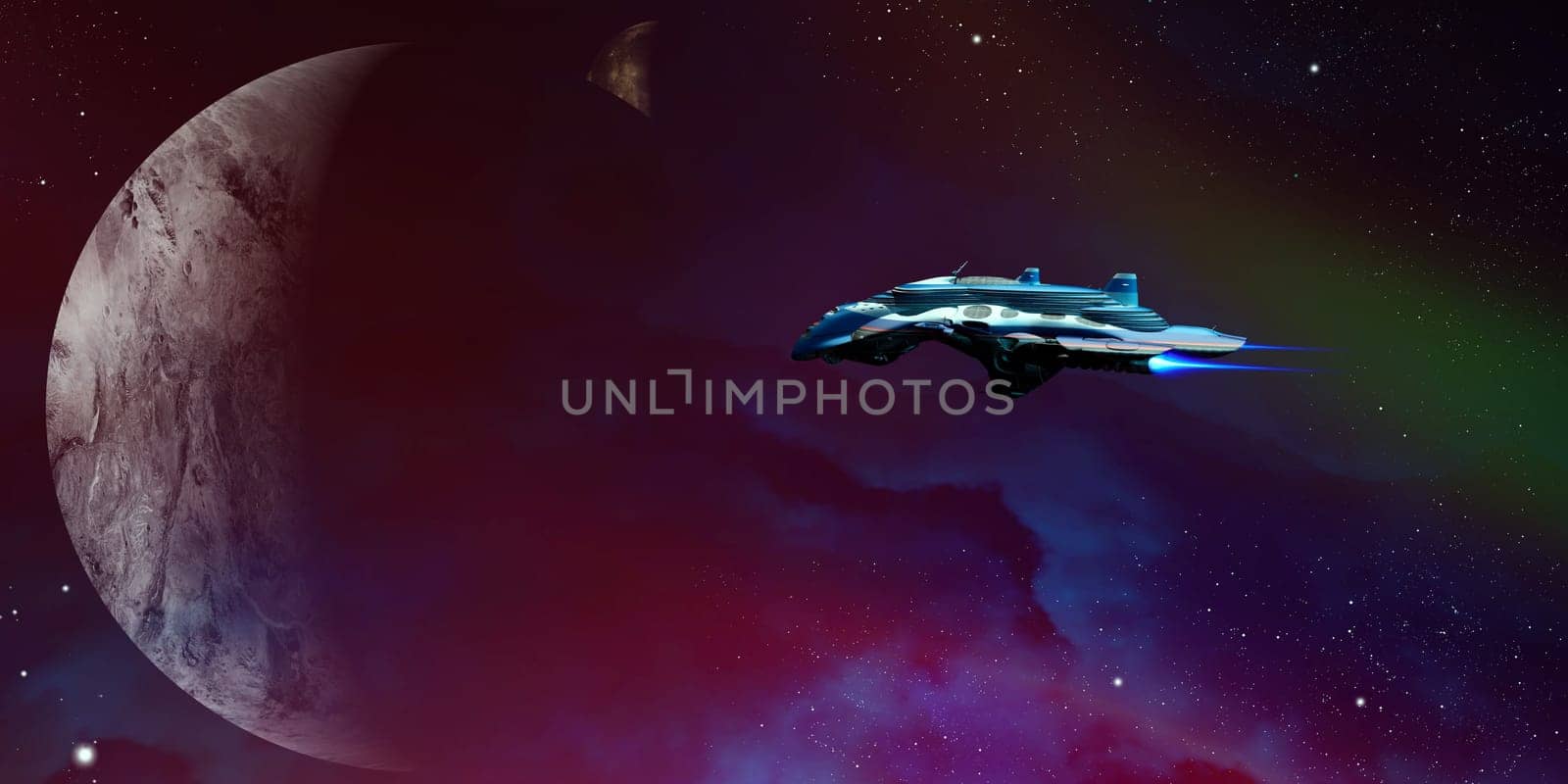 A starship nears an alien planet and its moon on an exploratory visit.