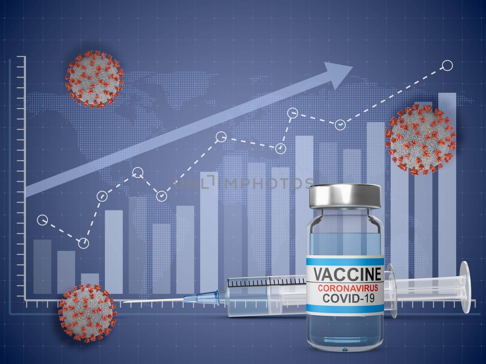Syringe, vaccine and coronaviruses on the background of the graphic. 3d render.