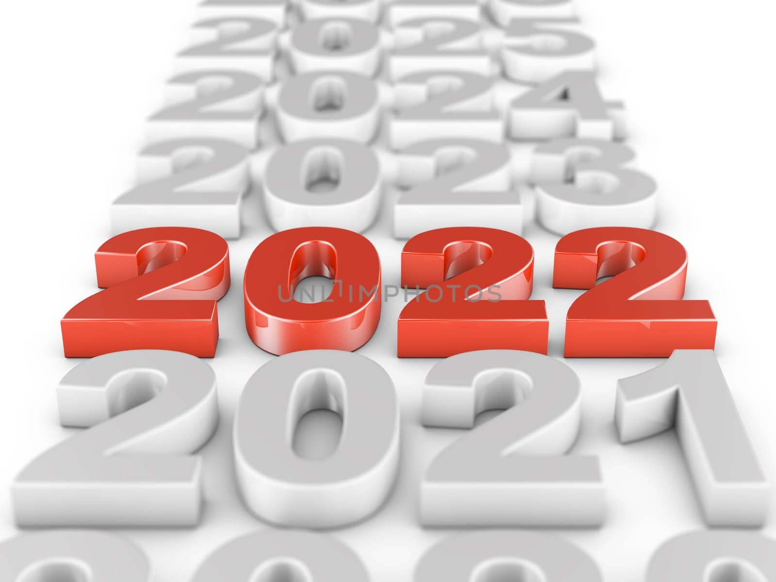 Red voluminous figures 2022 on a white background. 3d rendering.