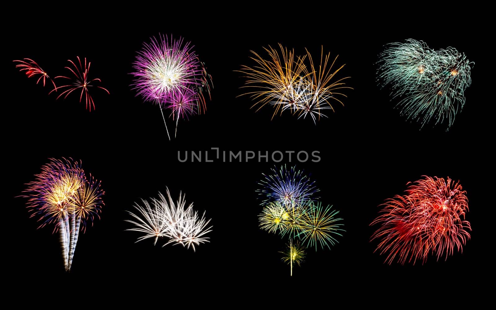 Eight colorful fireworks on black background