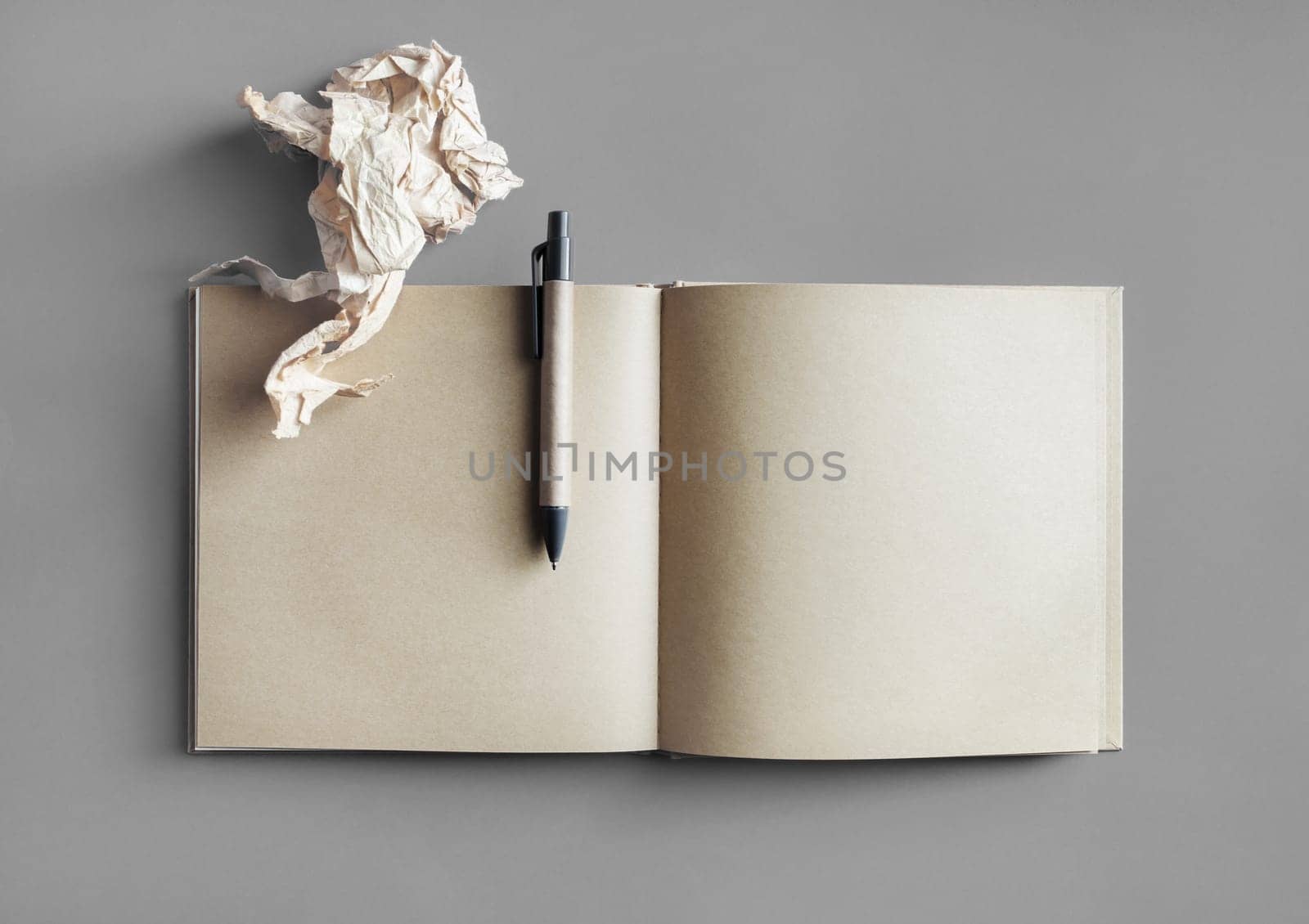 Open blank kraft paper brochure, pen and crumpled paper. Branding mock up. Copy space for text. Flat lay.