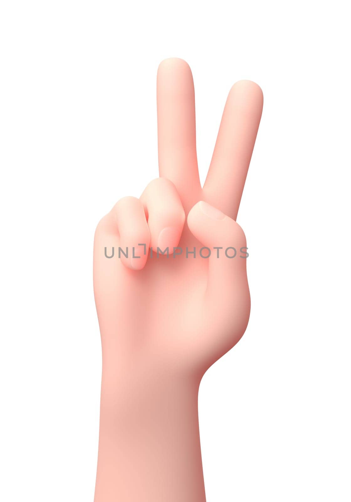 Two Fingers Raised Hand. 3D Cartoon Character. Isolated on White Background 3D Illustration, Number 2 or Victory Concept
