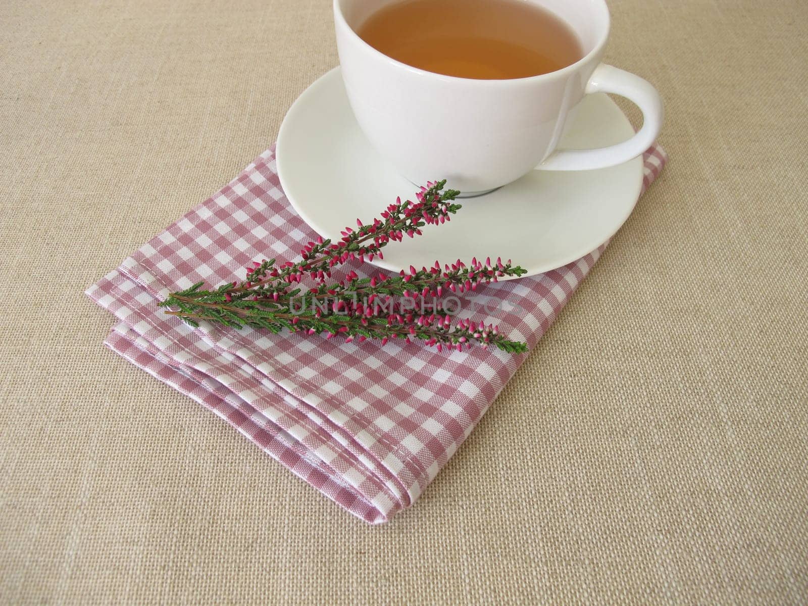 A cup of heather tea and flowering shoots from calluna vulgaris