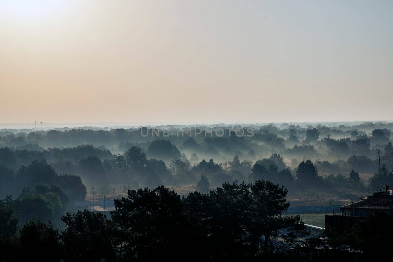 foggy landscape, above deciduous forest, early in the morning. houses in the distance and the surface of the river are visible between the trees. the sun is reflected in the surface of the water. fog to the horizon
