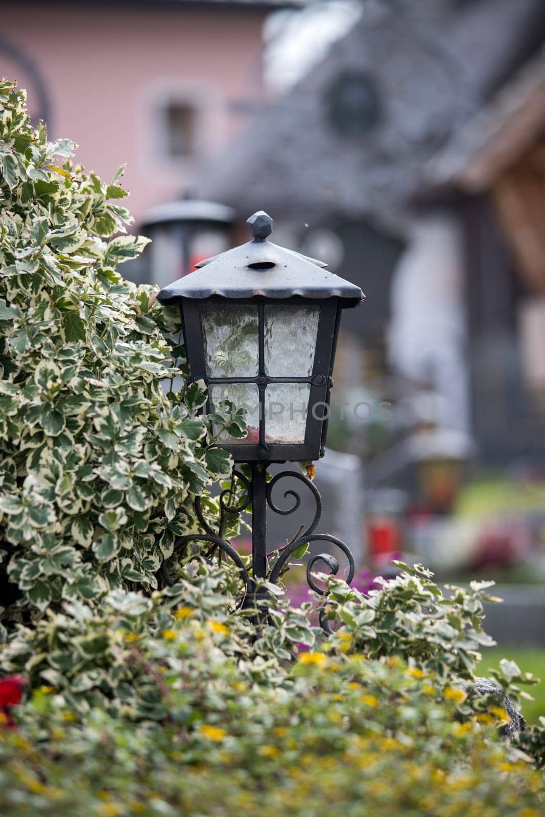 Candle in an iron lantern on a grave at a cemetery