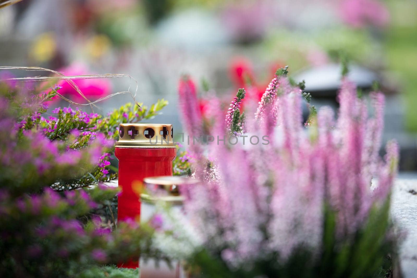 Candle on a grave at a cemetery