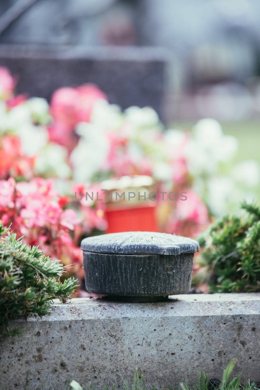 Holy water in iron bowl, cemetery