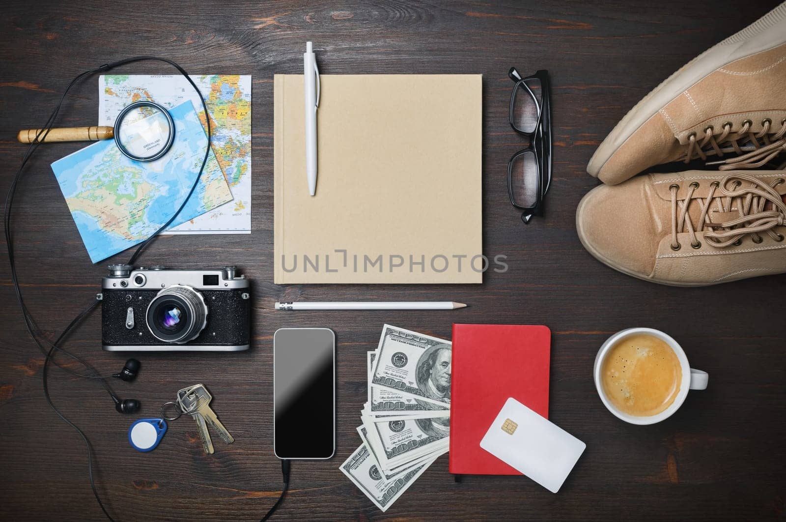 Accessories for travel. Traveler's outfit and vacation items. Flat lay.