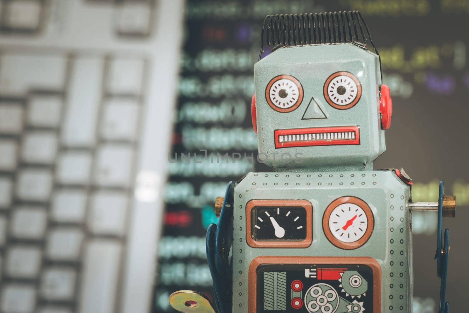 Symbol for a chatbot or social bot and algorithms, program code in the background