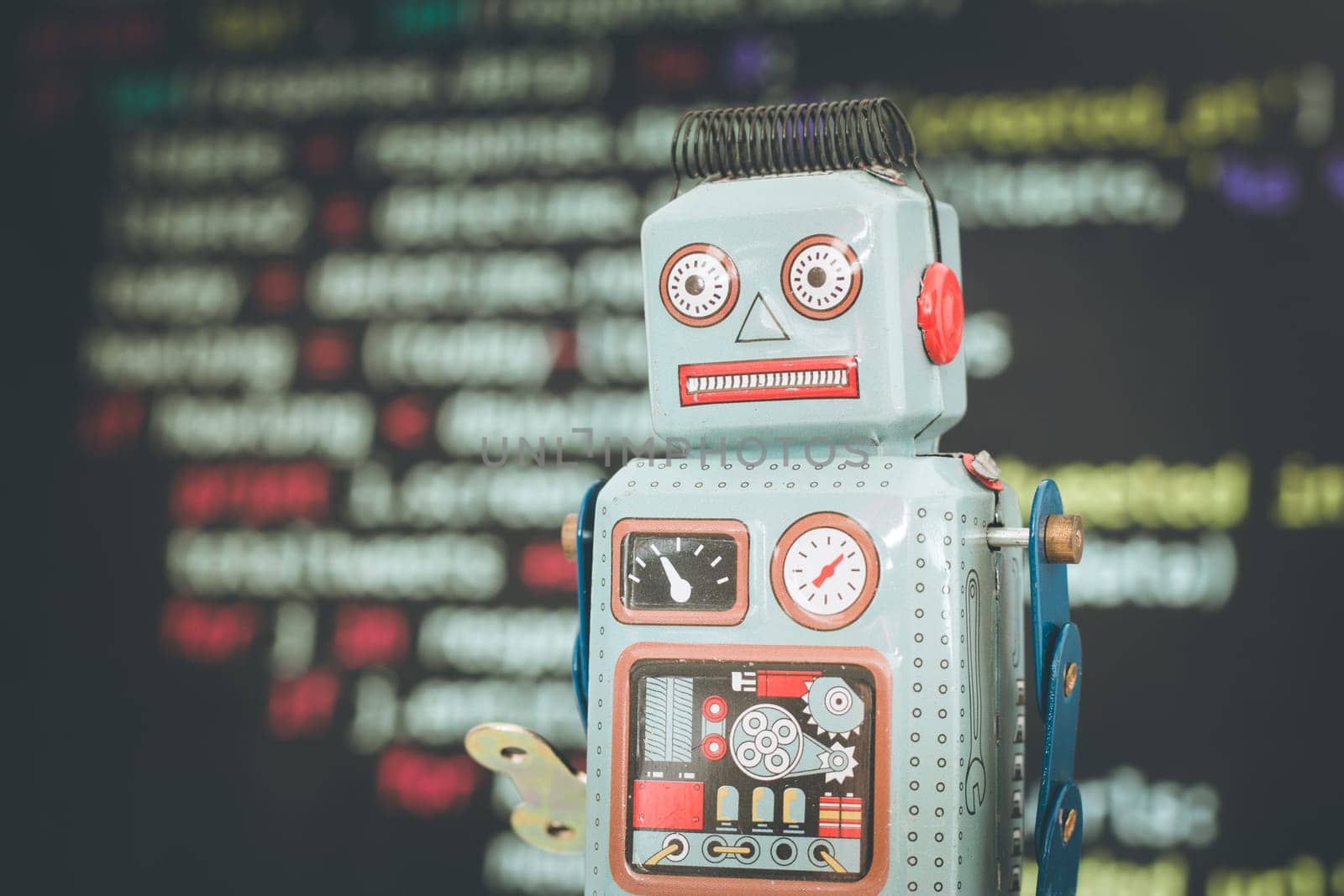 Symbol for a chatbot or social bot and algorithms, program code in the background