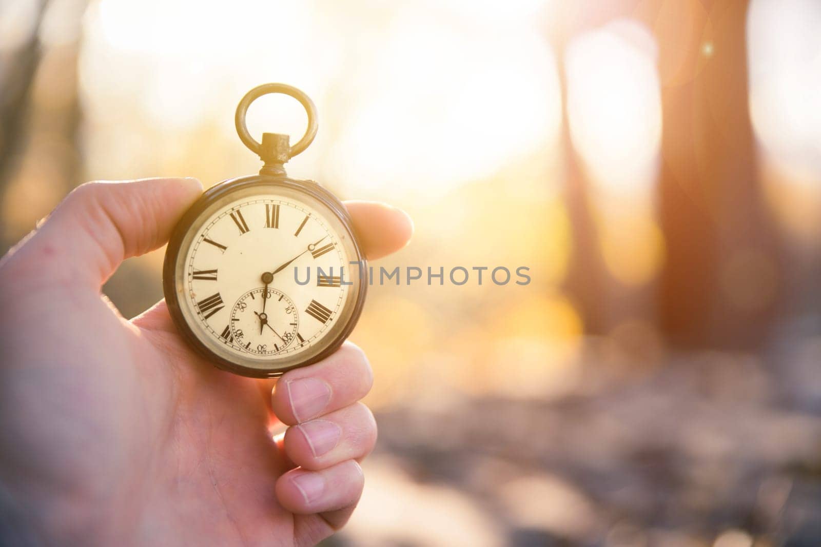 Hand held stop watch outdoors, autumn, blurry background