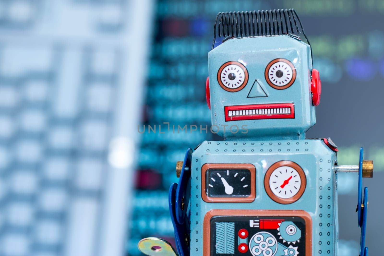 Symbol for a chatbot or social bot and algorithms, program code in the background
