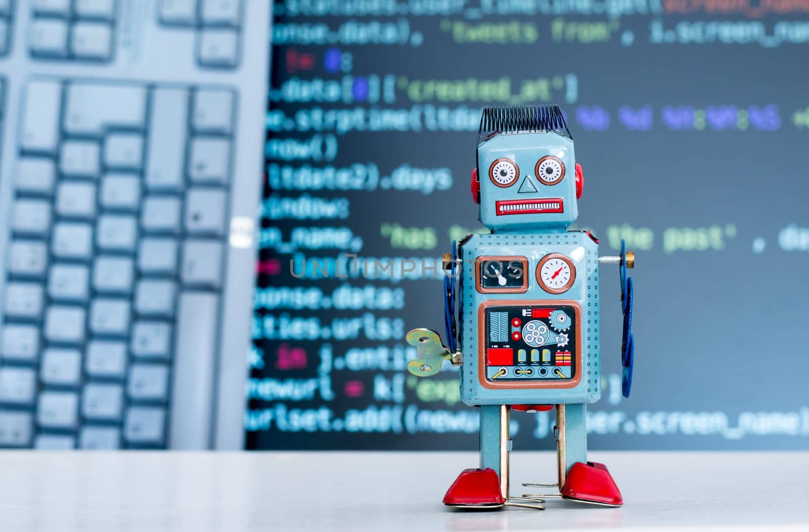 Symbol for a chatbot or social bot and algorithms, program code in the background