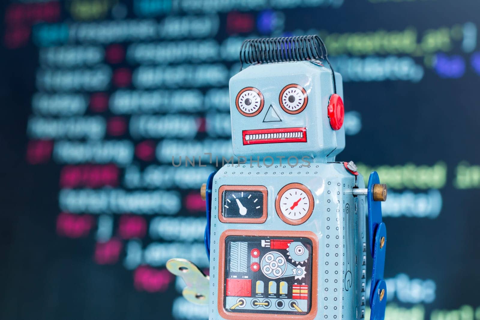 Symbol for a chatbot or social bot and algorithms, program code in the background