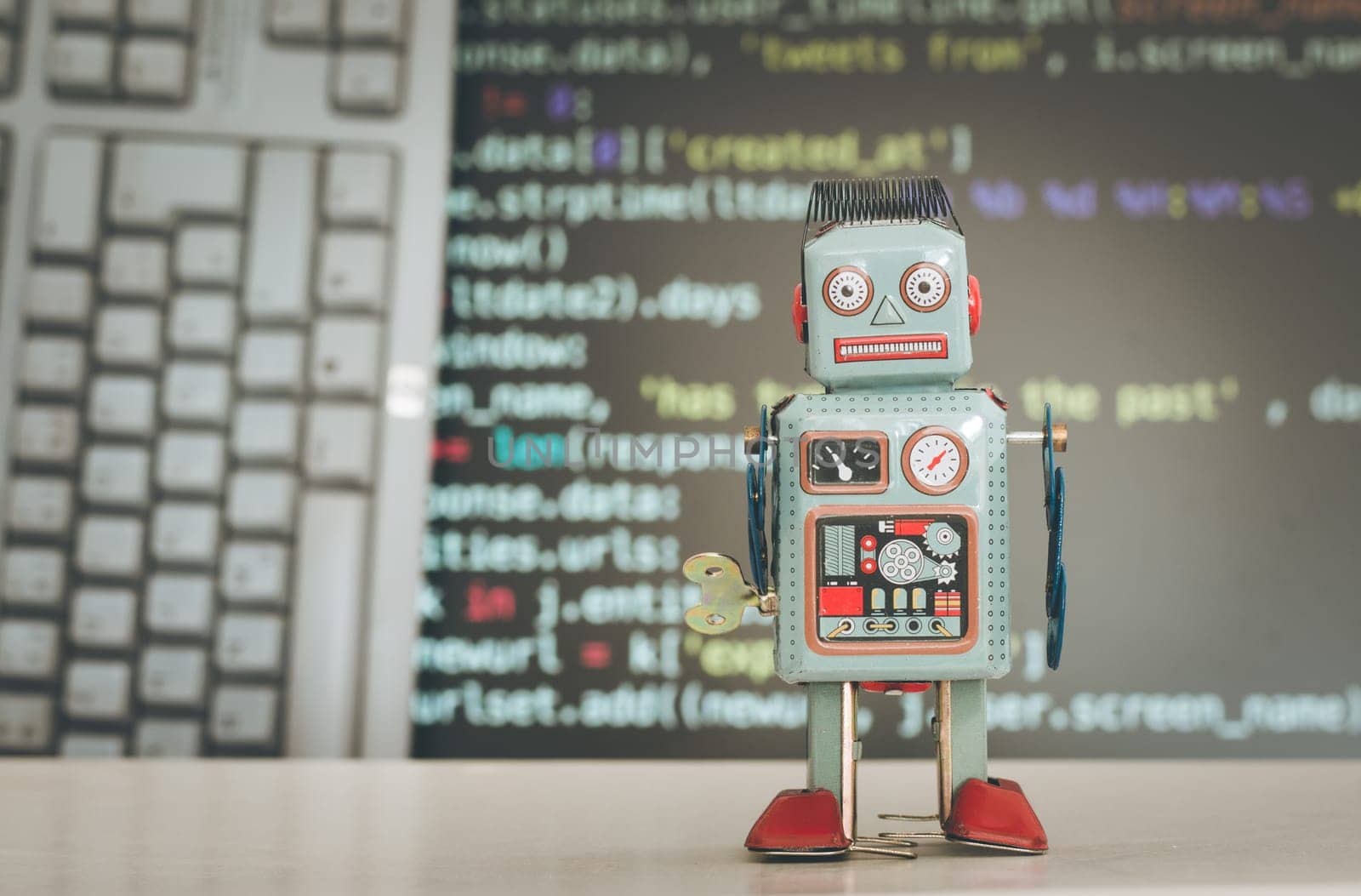 Symbol for a chatbot or social bot and algorithms, program code in the background