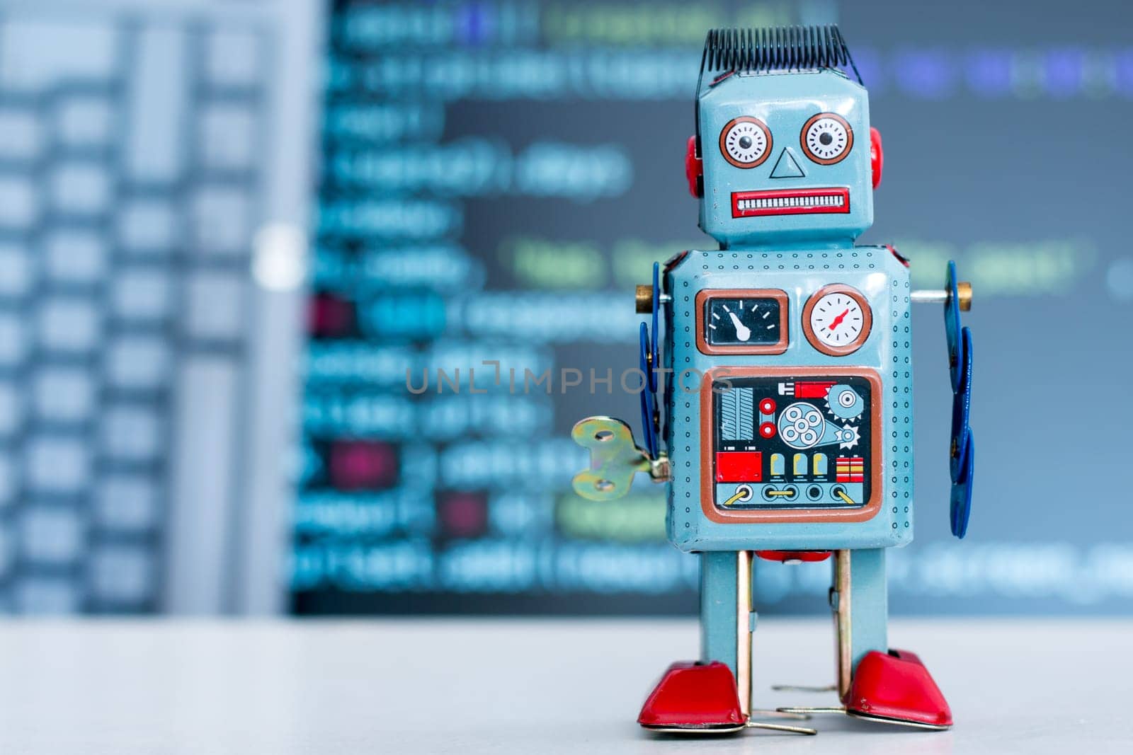 Symbol for a chatbot or social bot and algorithms, program code in the background