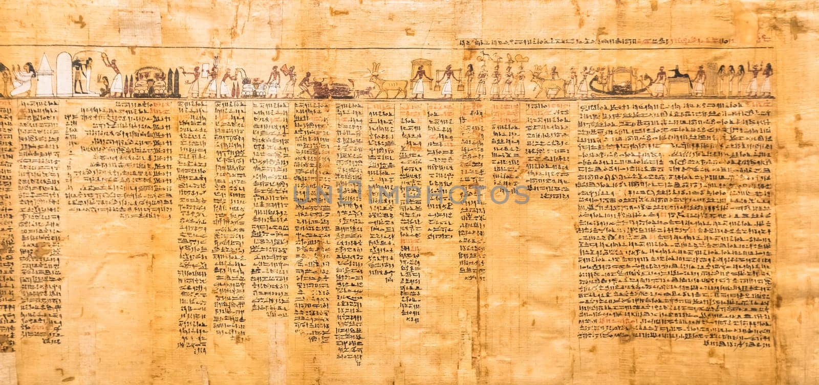 TURIN, ITALY - CIRCA MAY 2021: ancient Egyptian papyrus with hieroglyphic funerary text. Circa 1550 BC antique manuscript.