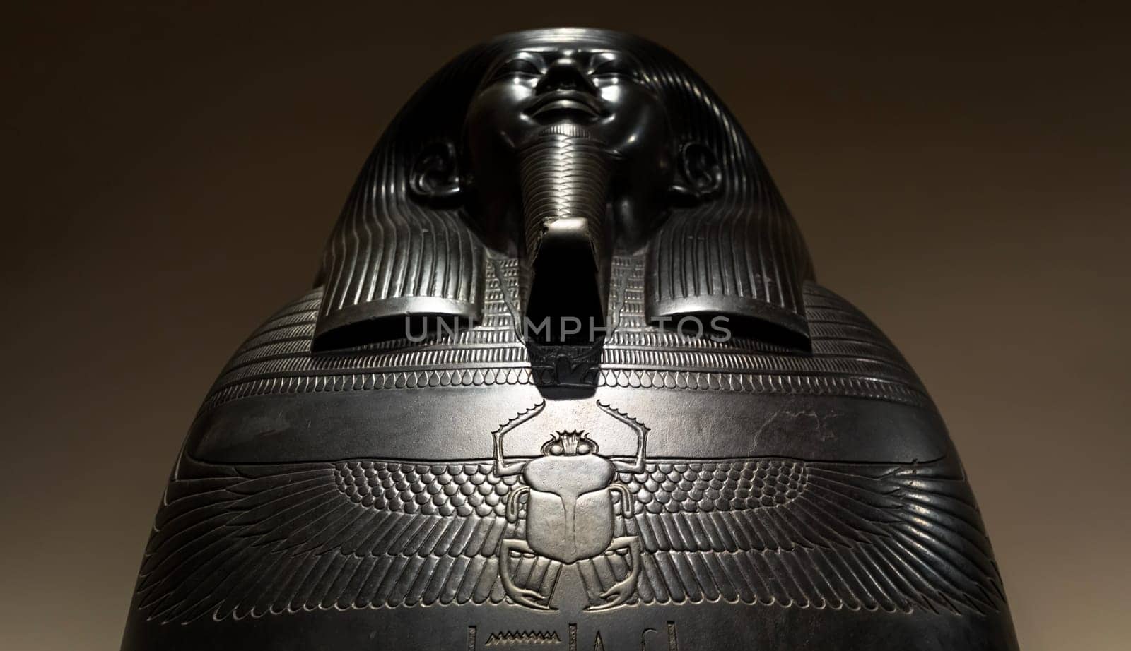 TURIN, ITALY - CIRCA MAY 2021: Egyptian sarchopagus with carved surface and hieroglyphic, 525 B.C.