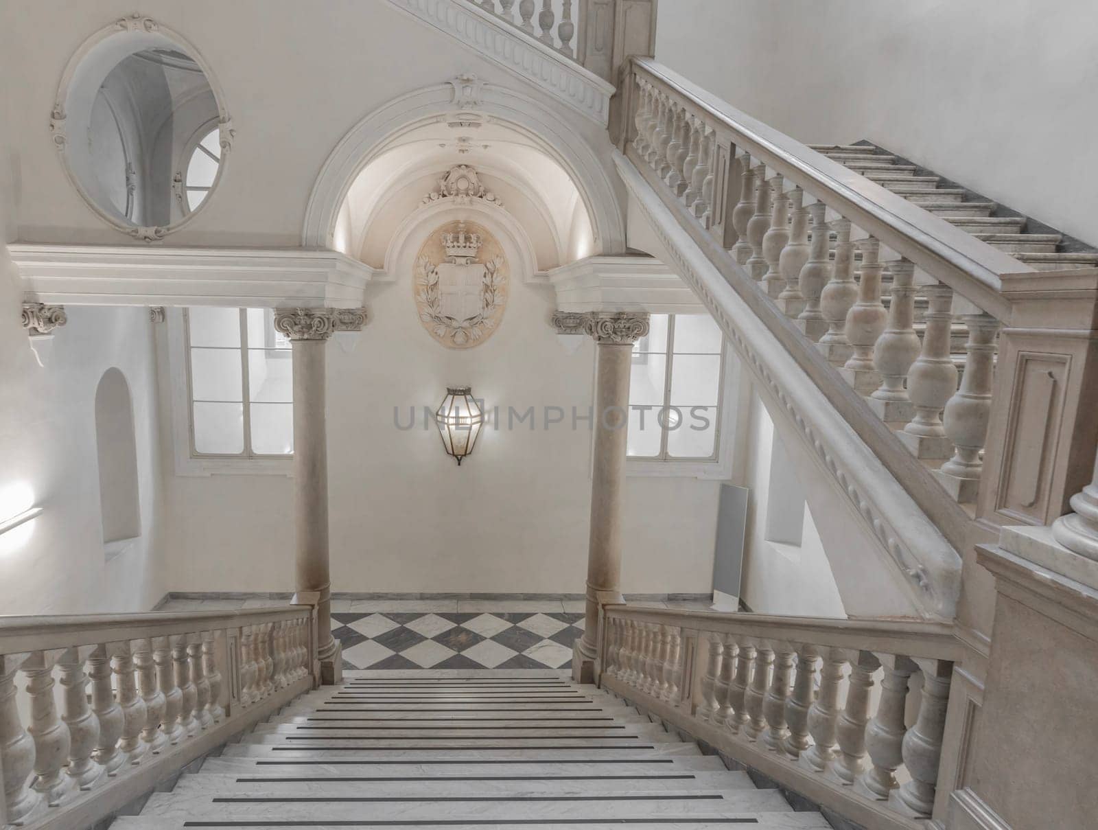 TURIN, ITALY - CIRCA MAY 2021: luxury staircase made of marble in an antique Italian palace