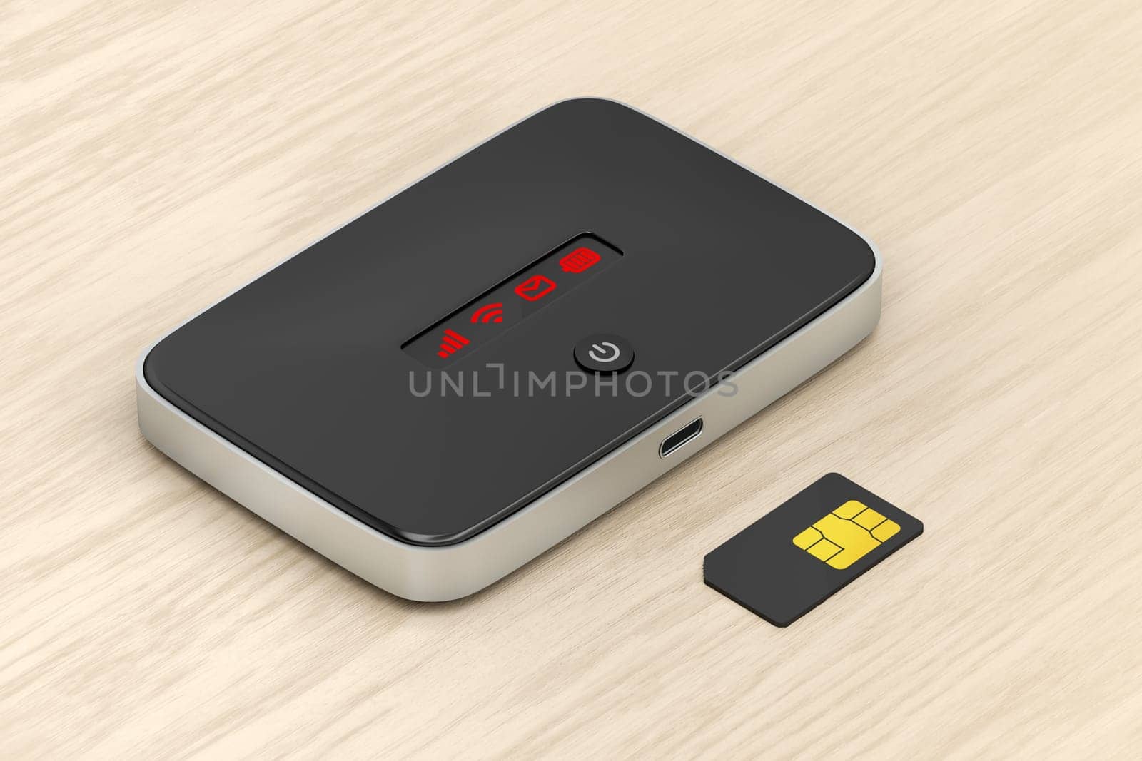 5G Wi-Fi mobile router and sim card on wooden desk
