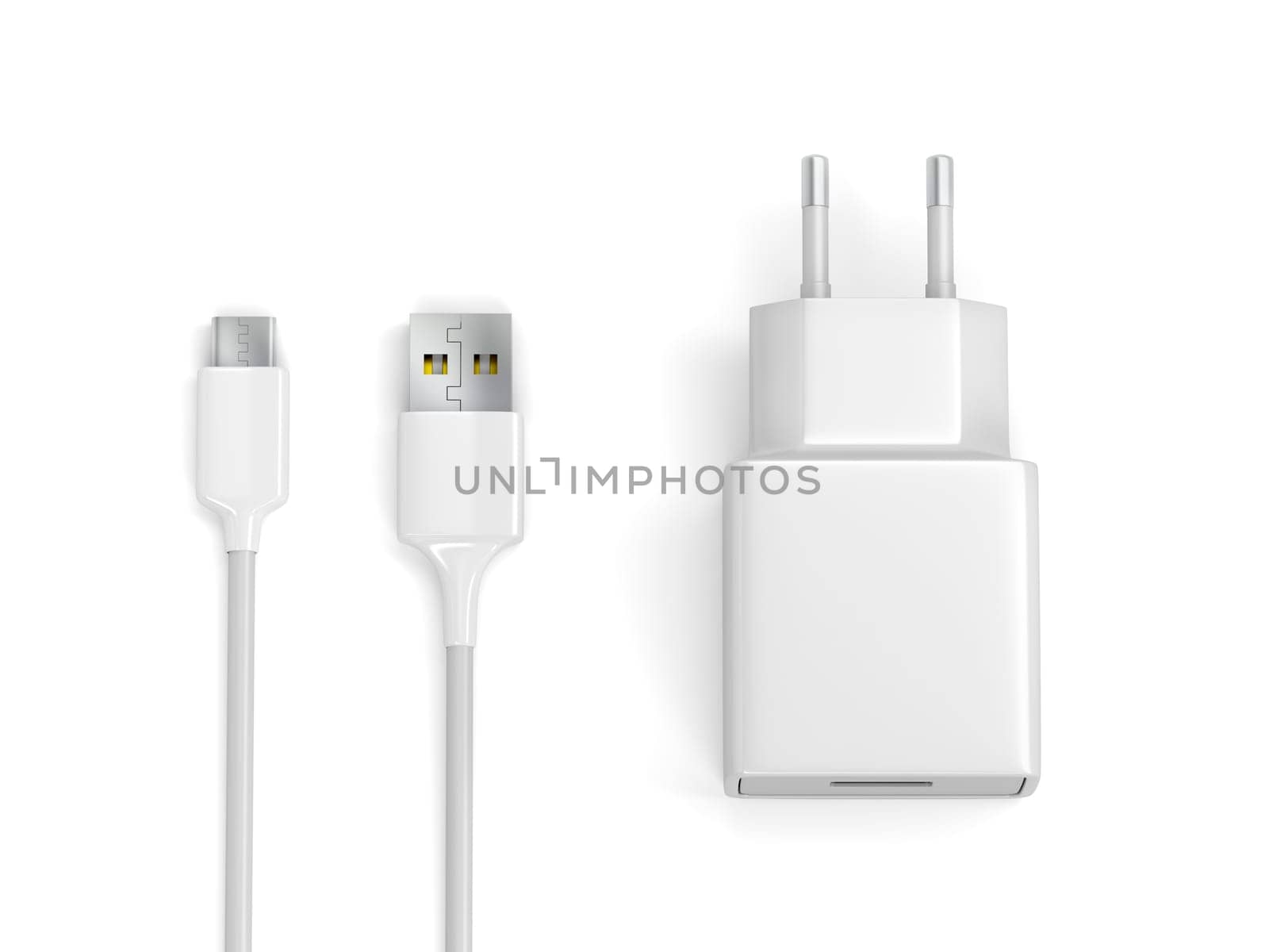 Smartphone power adapter and USB-A to USB-C cable on white background