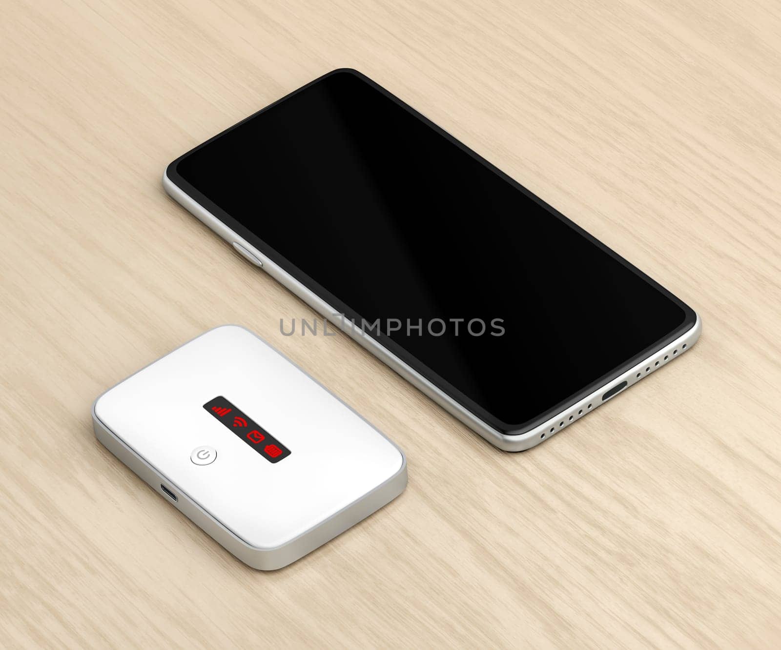 5G mobile wifi router and smartphone on wooden table