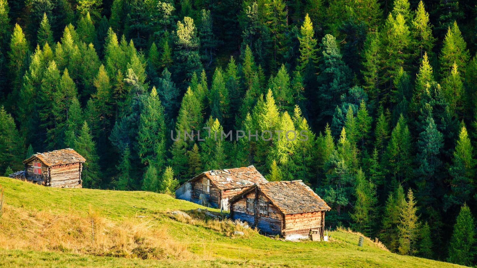 Traditional old barns in a village in the Swiss Alps