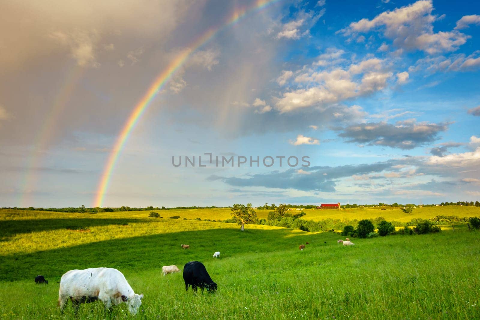 Scenic view of Central Kentucky countryside with double rainbow after storm
