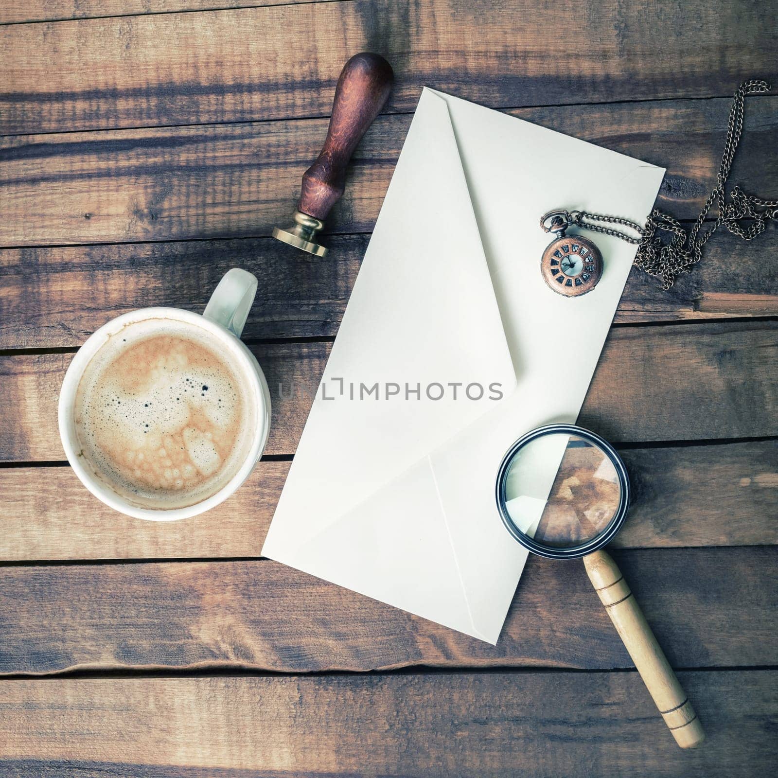 Vintage stationery set on wooden background. Responsive design mockup. Top view. Flat lay.