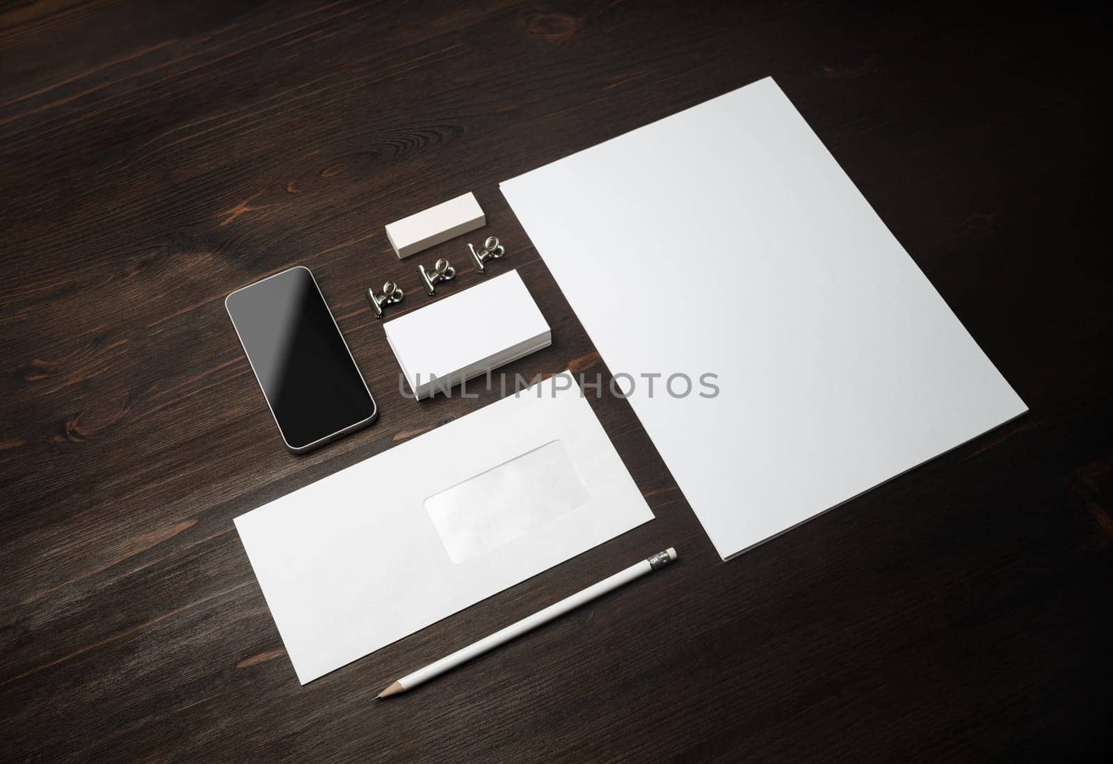 Blank corporate stationery set on wooden background. Corporate identity template. Responsive design mockup.