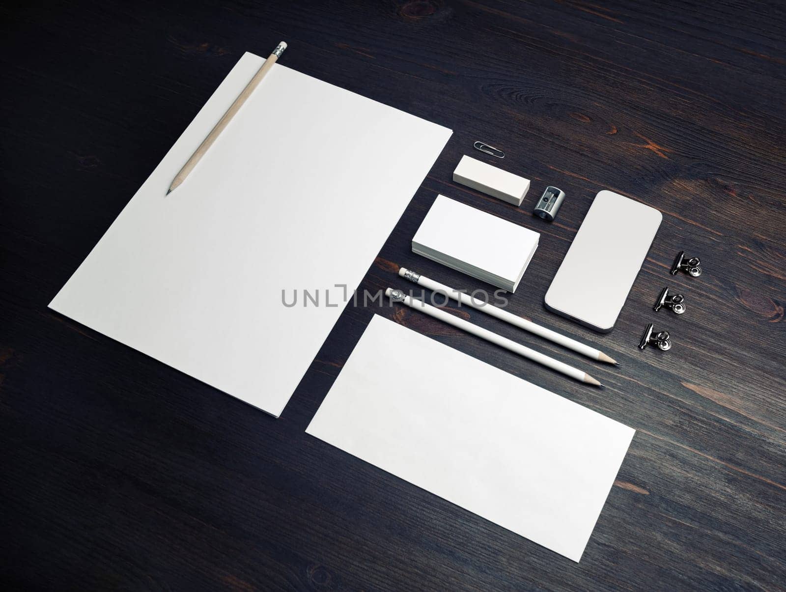 Blank stationery set on wood table background. Template for branding identity. For graphic designers presentations and portfolios.