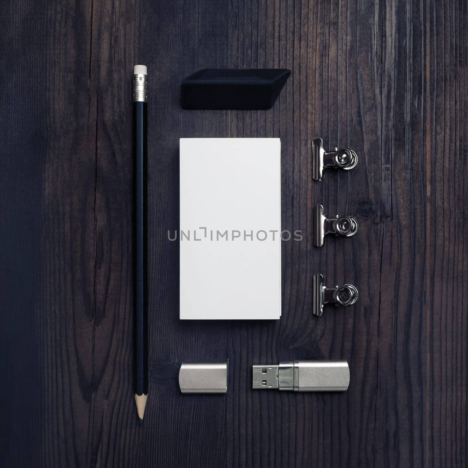 Blank stationery template on wooden background. Mock-up for branding ID. Flat lay.