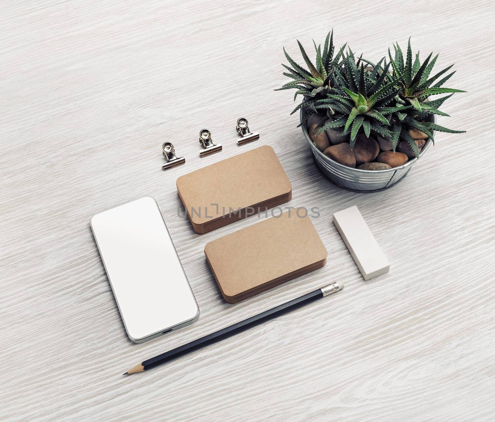 Blank stationery set on light wood table background. Template for branding design. Branding mock up.