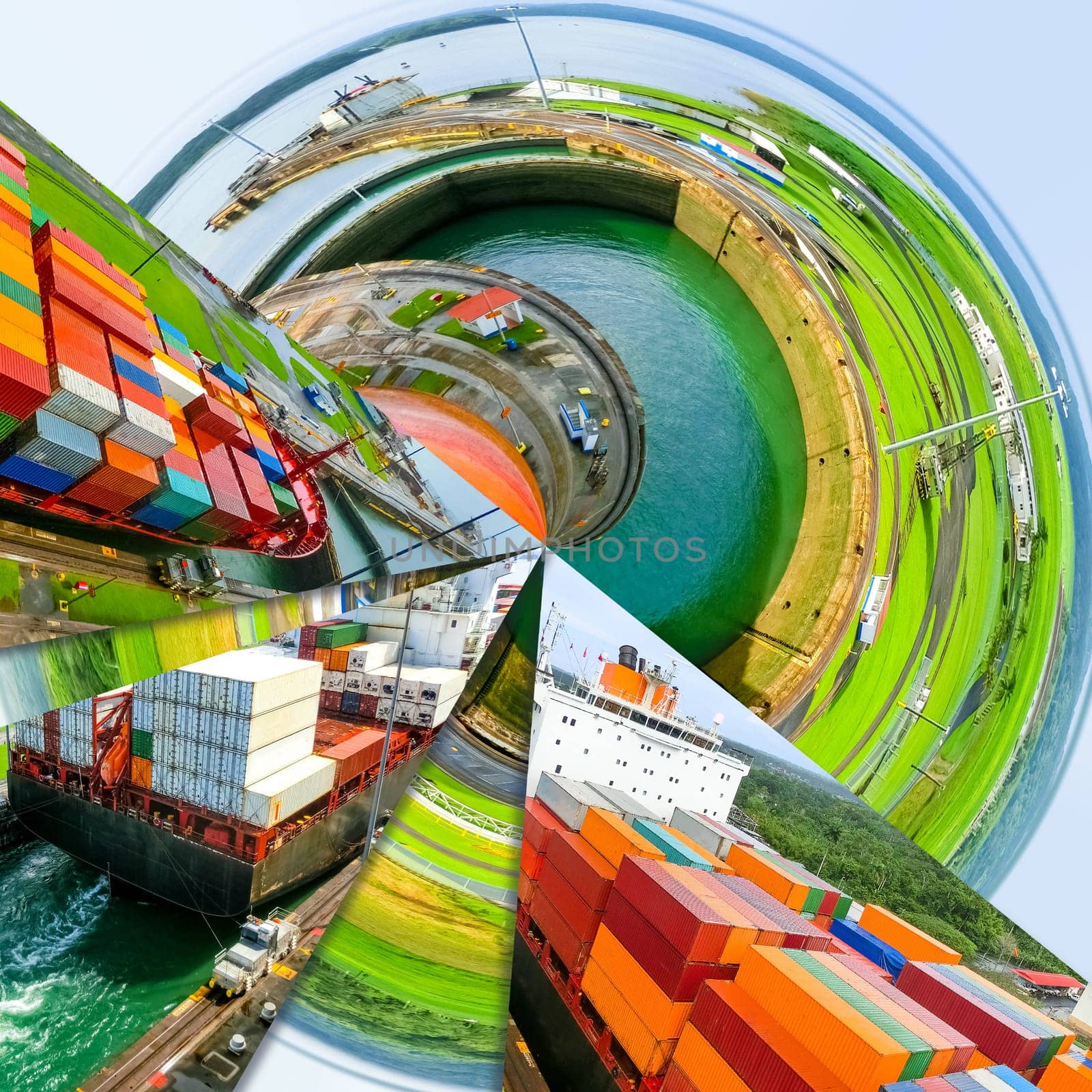 View of Panama Canal from cruise ship at Panama. Creative contemporary collage