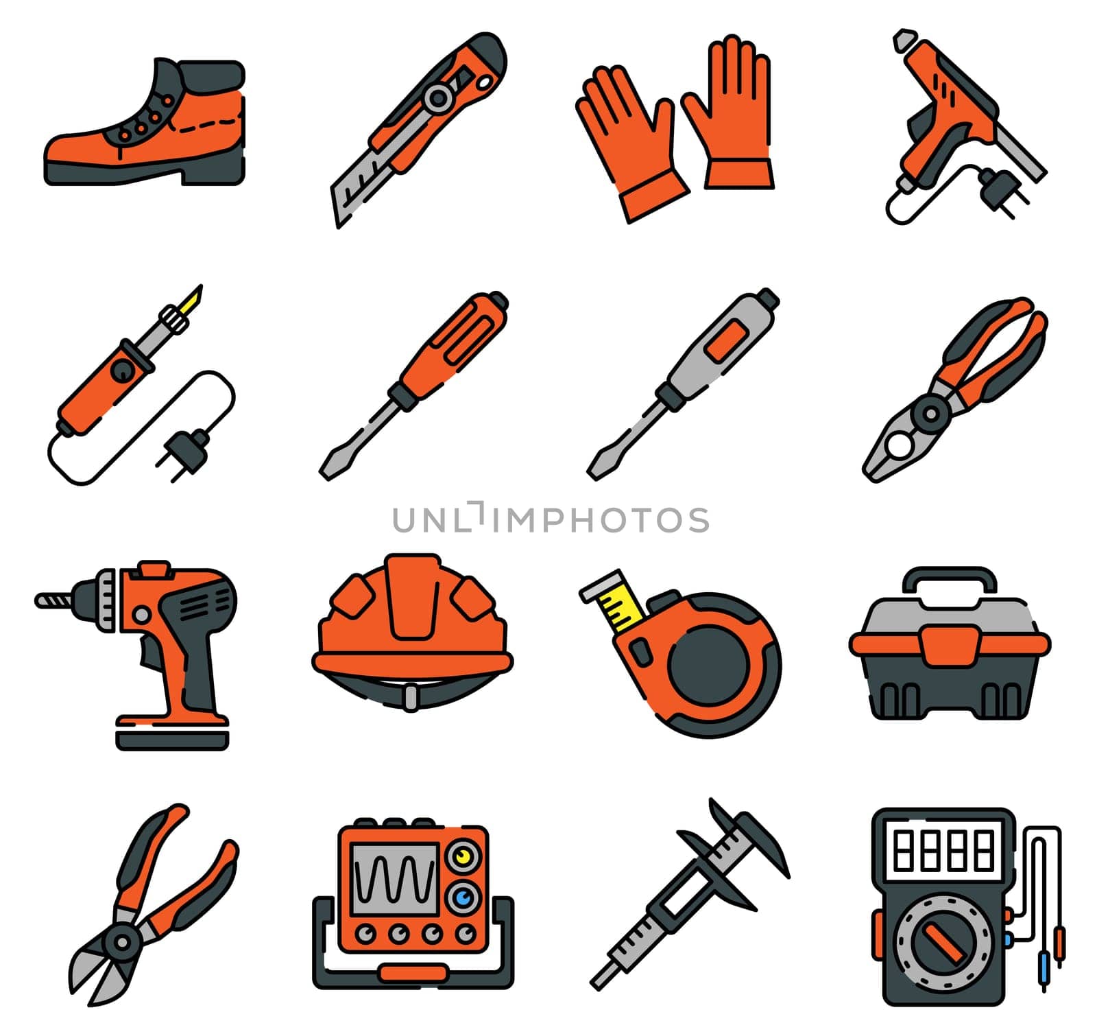 Equipment and outfit of an electrician line icons