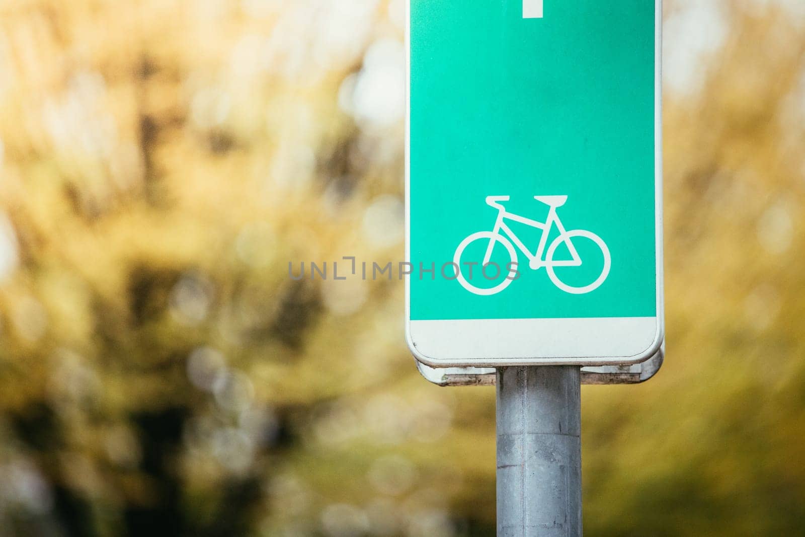 Street sign for cycle path, europe, autumn time