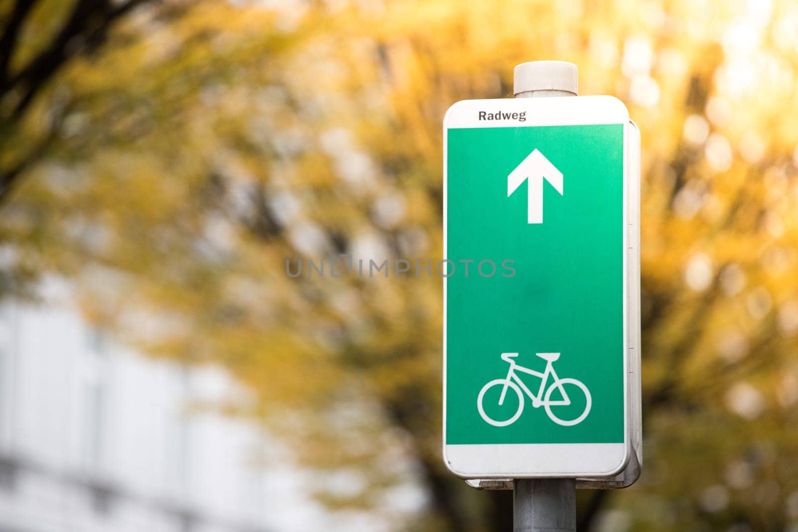 Street sign for cycle path, europe, autumn time
