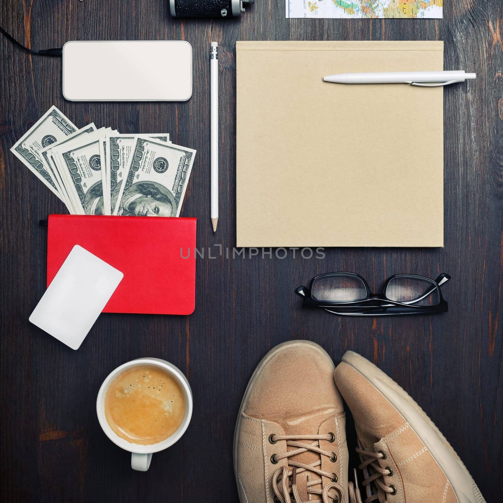 Planning vacation trip. Stuff for travel. Top view. Flat lay.