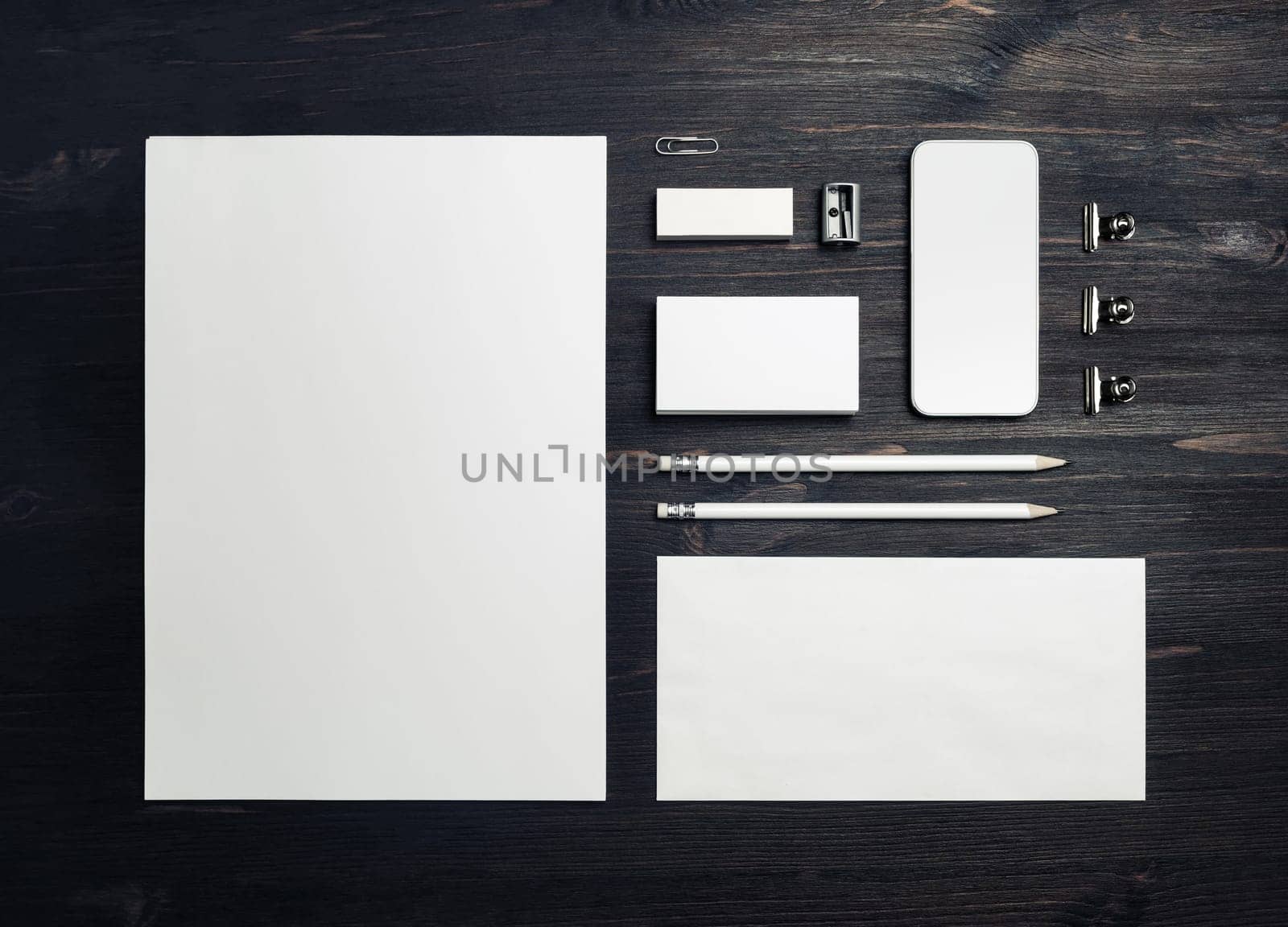 Blank business stationery set. Corporate identity template on wooden background. Flat lay.