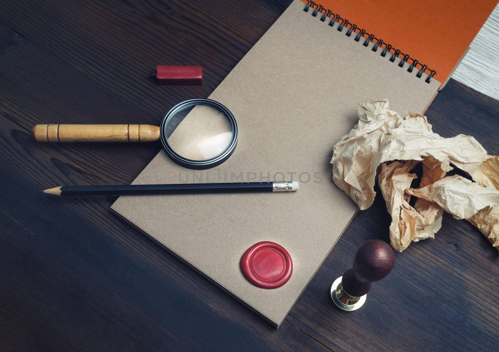 Blank vintage stationery set on wooden background. Retro branding mock up.
