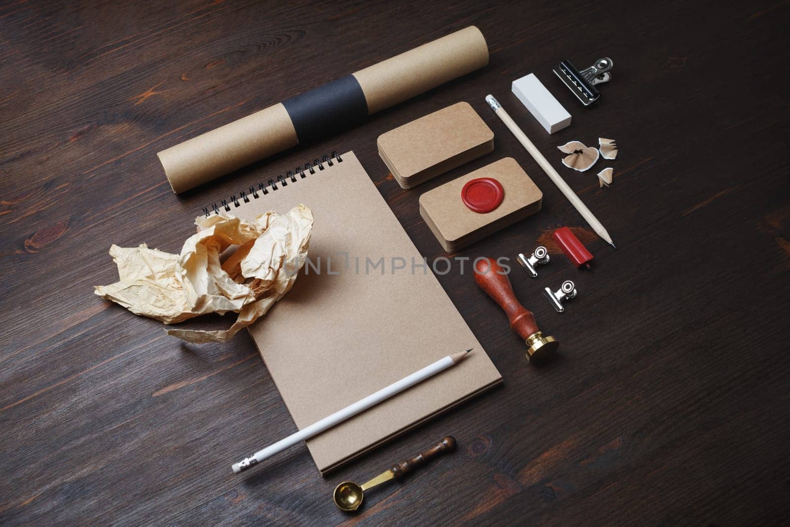 Vintage stationery mock up. Blank corporate identity template on wood table background. Responsive design mockup.