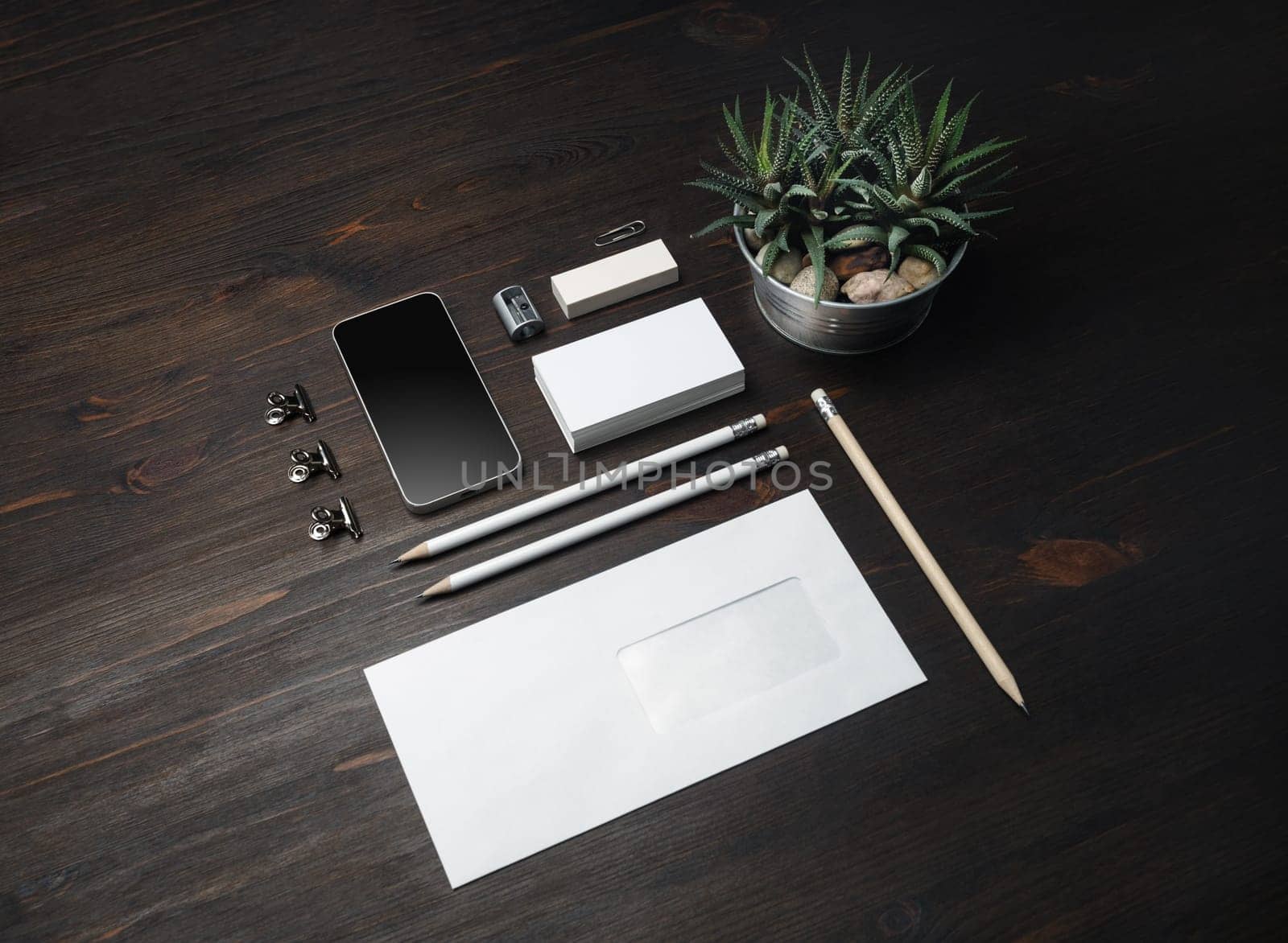 Blank stationery template on wooden background. Mock-up for branding identity. For design presentations and portfolios.