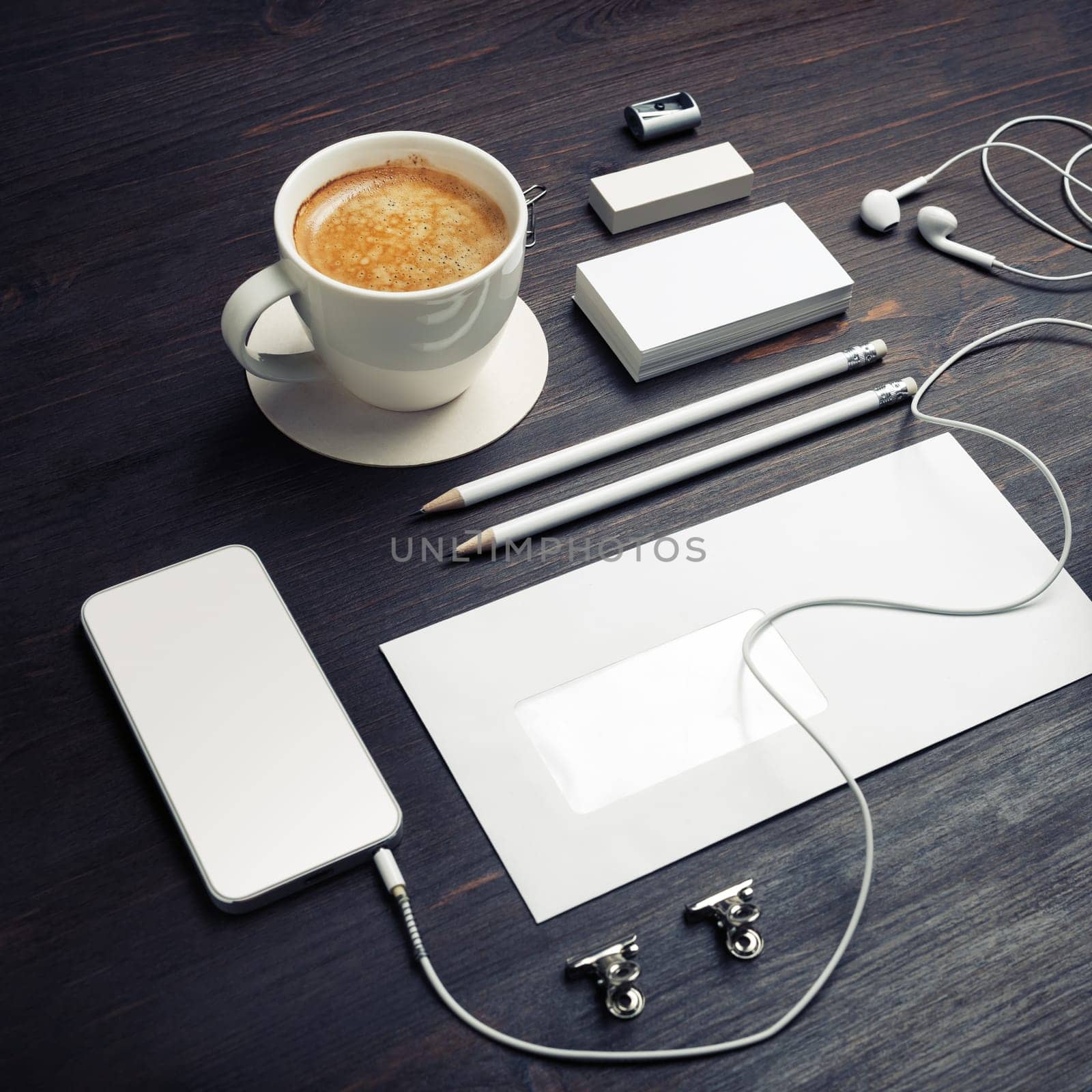 Corporate identity template. Blank stationery mock up on wooden background.